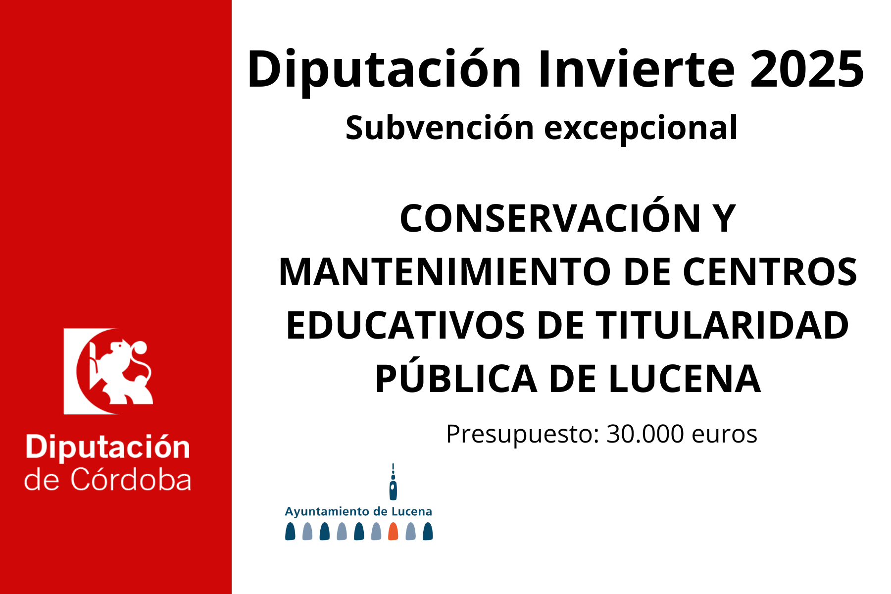 El Ayuntamiento de Lucena recibe una subvención de la Diputación para mejorar tres colegios públicos