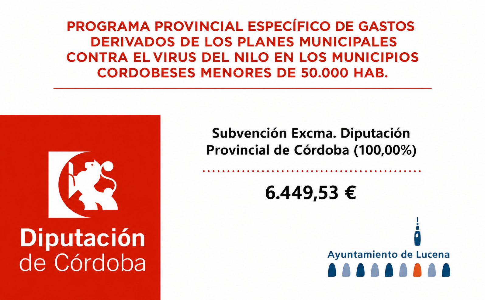 El Ayuntamiento de Lucena recibe una subvención de la Diputación para actuaciones contra el Virus del Nilo